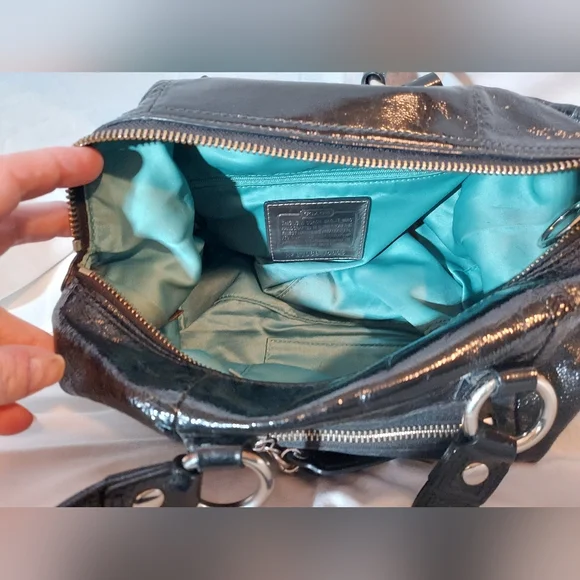 Coach Poppy Black Patent Leather Satchel With Silver Hardware And Teal Lining - Picture 5 of 12